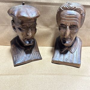 Hand crafted wood man and‎ woman bust / mid century art